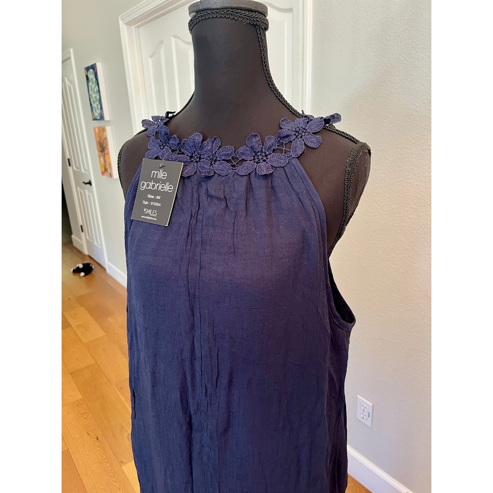 Mlle Gabrielle Maxi Dress Women 3X Midnight Blue NWT Boho Floral Lace Crinkle
